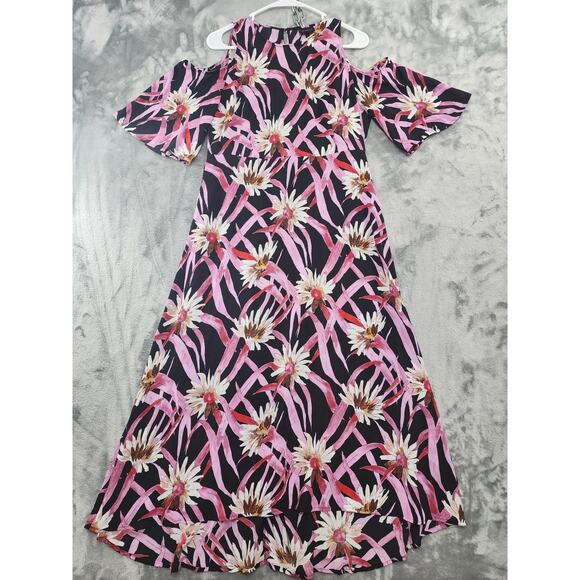 Who What Wear Dress Womens M Pink Black Floral Cold Shoulder High Low Hem Midi - Picture 1 of 12